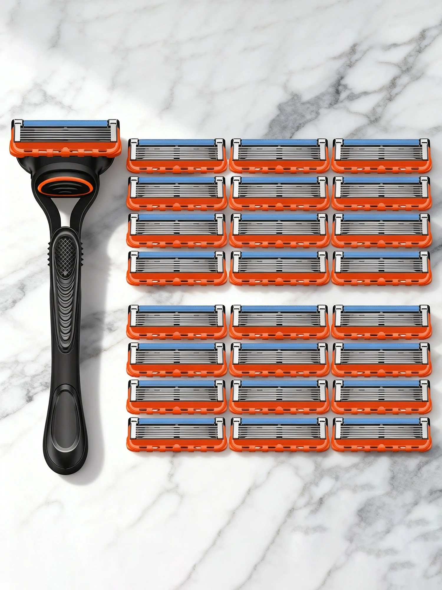 

Мужская ручная безопасная бритва с 5 лезвиями, 5 слоями нержавеющей стали и эргономичной металлической ручкой. В комплекте 4-24 сменные головки.