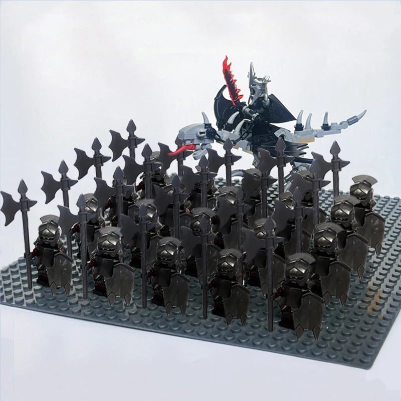 Nuevo Set de 21 Figuras de Soldados Uruk Hai del Ejército del Rey Angmar con Bestias, Escudos, Espadas, Arcos y Lanzas, Juguetes para Niños