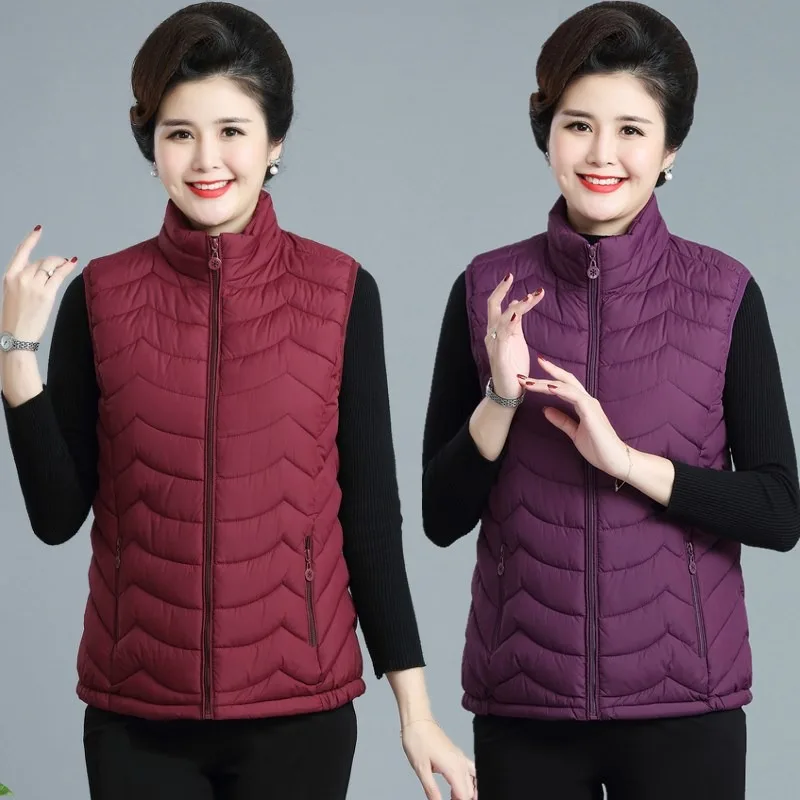 Light Thin Spring Autumn Woman Vest Coats Mother Stand Collar Down Cotton Vest Jacket Middle-aged Elderly Jackets Solid Outwear