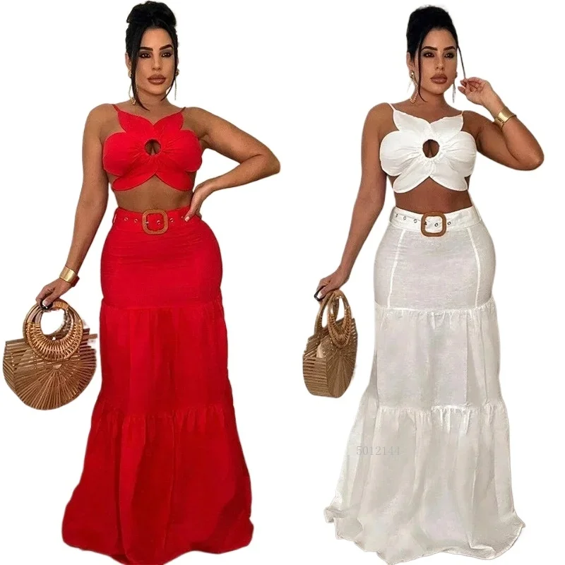 

2025 сексуальный вечерний клубный комплект из 2 предметов, женский наряд, летнее платье, укороченный топ с цветочным принтом и длинная юбка, элегантный комплект для отпуска, фестиваля