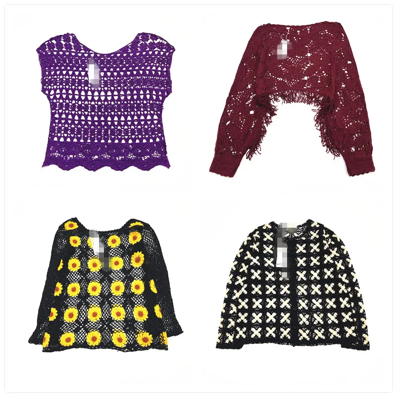 

Hanrted Vintage Knitted Hollow out Double Layer Color Luxury Floral Mixed Fiber Sweater Long Sve round Ne or...