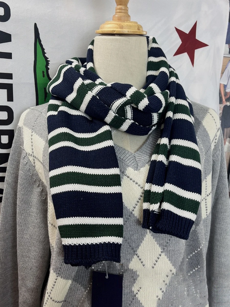 Navy Striped Knitted Warm Scarf Women Autumn Winter Unisex Thick Cotton Scarves Femme Vintage Sweet Preppy Style Shawl Hand Made
