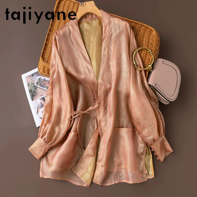 

TAJIYANE Women Silk Cardigan 93.9% Mulberry Silk V-neck Mid Length Shirt Elegant Summer Blouse Woman Clothes 2026 рубашка