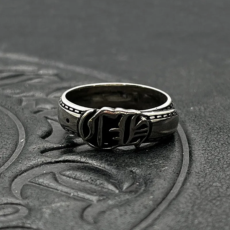 

S925 sterling silver retro old Sanskrit leather buckle ring men's and women's niche hip-hop personality ring