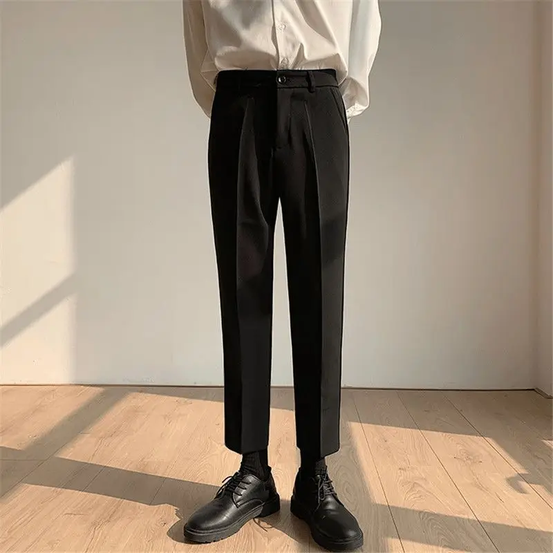 Men Spring Ankle Length Dress Pants Slim Fit Versatile Casual Drape Trousers Loose Straight Leg Long Pants