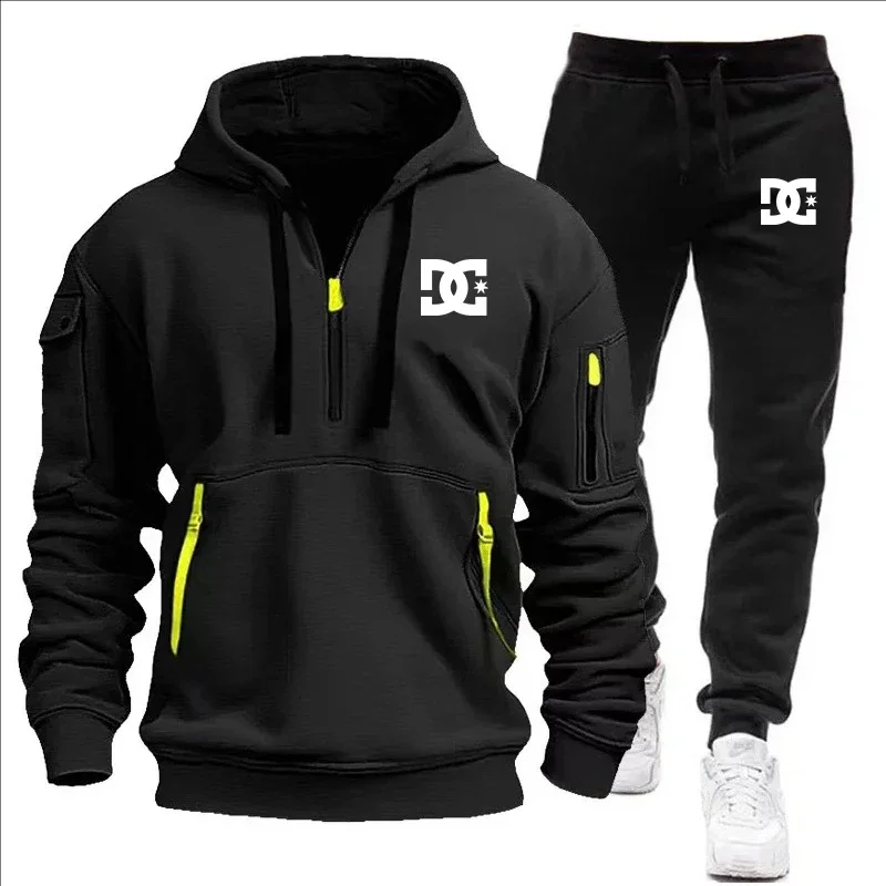 Hiking Walking Mens Cargo Tracksuit Half Zip Hooded Sweatshirt Contrast Zippers Loose Fleece Elastic Waist Jogger Pants - view 3