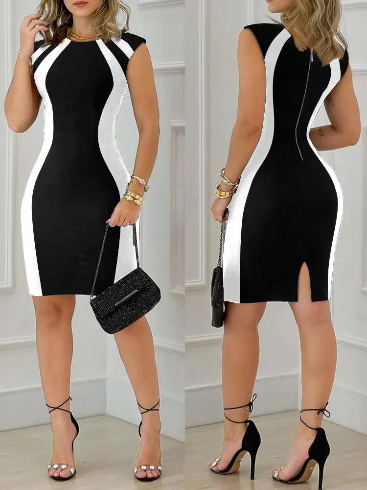 

2023 Elegant Sexy Women Clothing Skinny Robe Dress Zipper Design Colorblock Round Neck Sleeveless Bodycon Dress