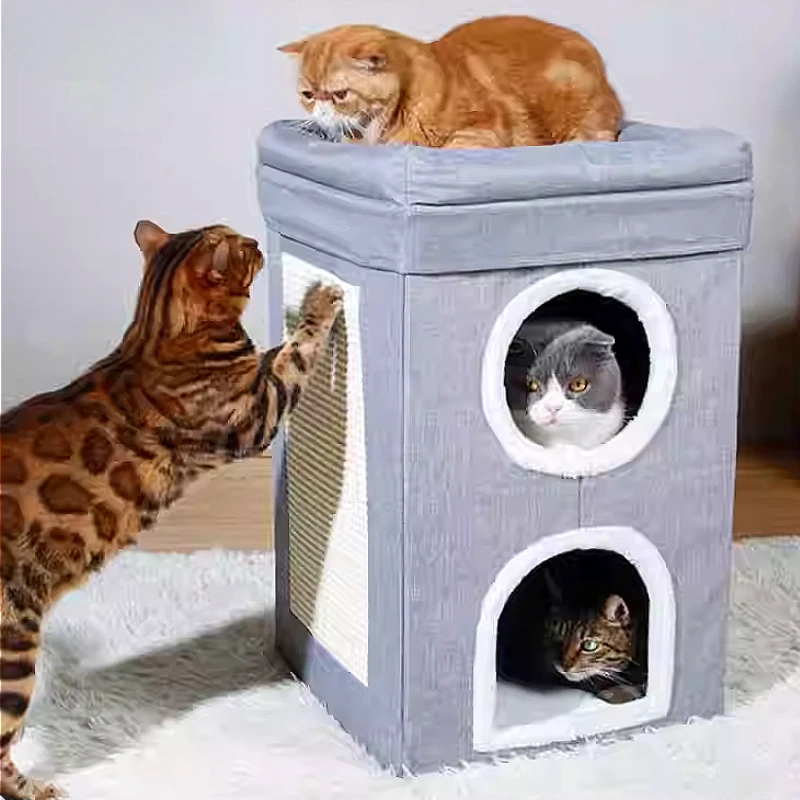 Sisal-Kratzbrett, integriertes Katzenbett, geeignet für mehrere Katzenfamilien, obere und untere Schichten, warmer Katzenkletterrahmen