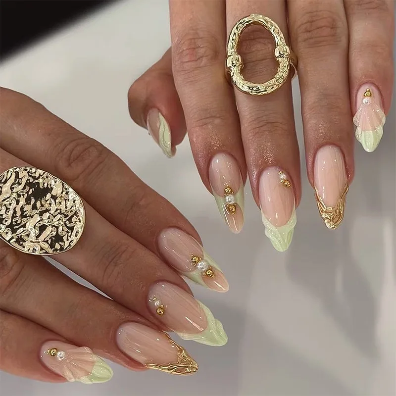 30Pcs European American Press On Nails Teal 3D Shell Almond Tips With Rhinestones Pearls And Gilded Details Reusable False Nails