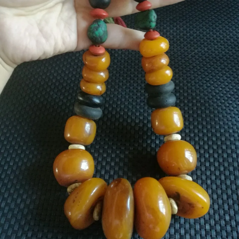 Ethnic Retro Yellow Resin Bead Necklace Mixed Color Spacer Beads Handmade Tribal Pendant Jewelry