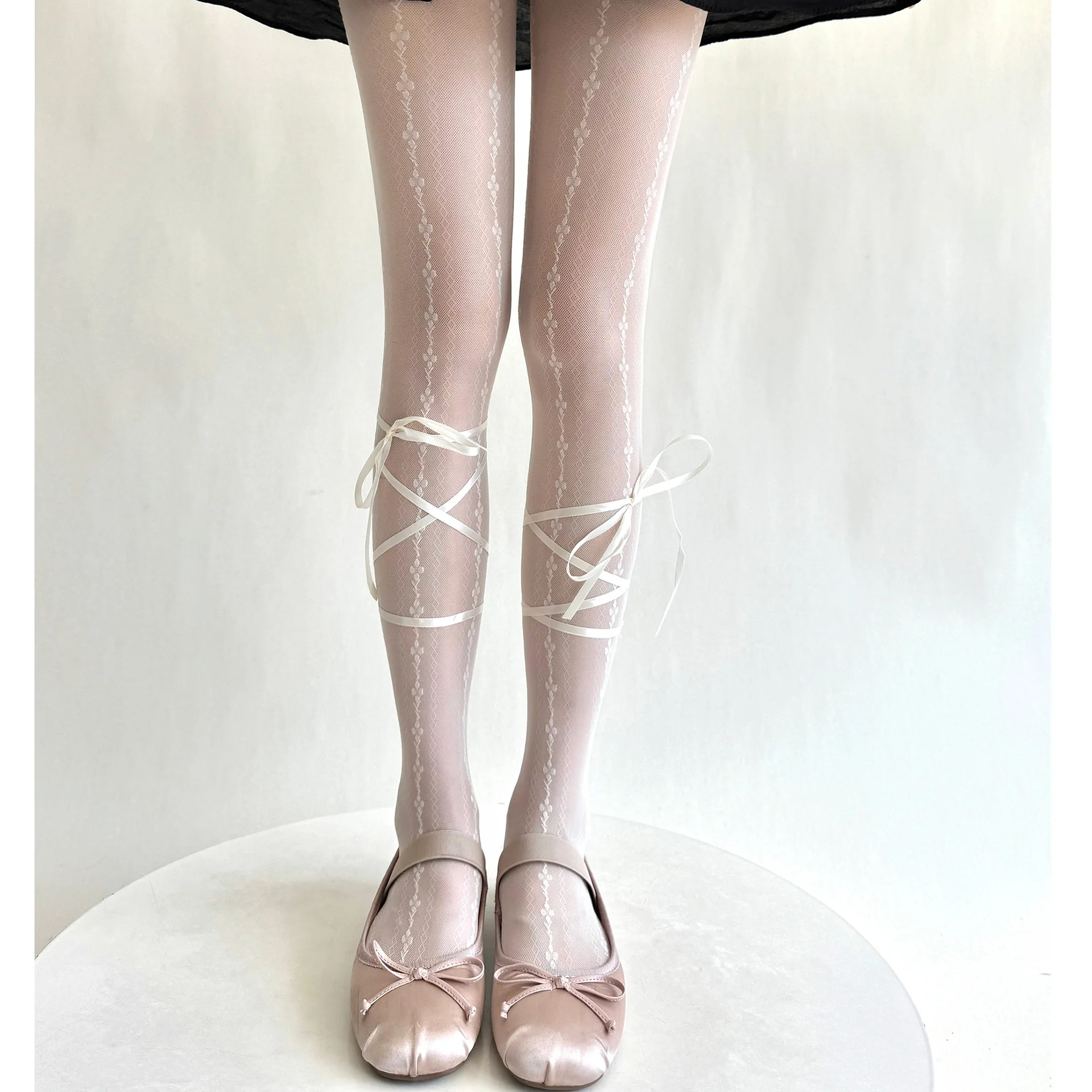 

Summer Dark Patterned Women's Pantyhose Vertical Stripes Thin Calf White Straps Decoration Personalized Small Diamond Tights