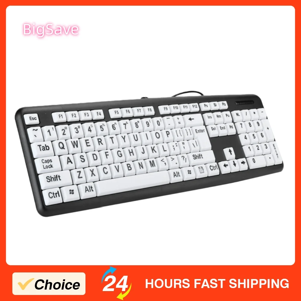 

Portable Low Vision Keyboard USB Wired Old People 104 Keys Elderly Keyboard with White Large Print Keys Keyboard