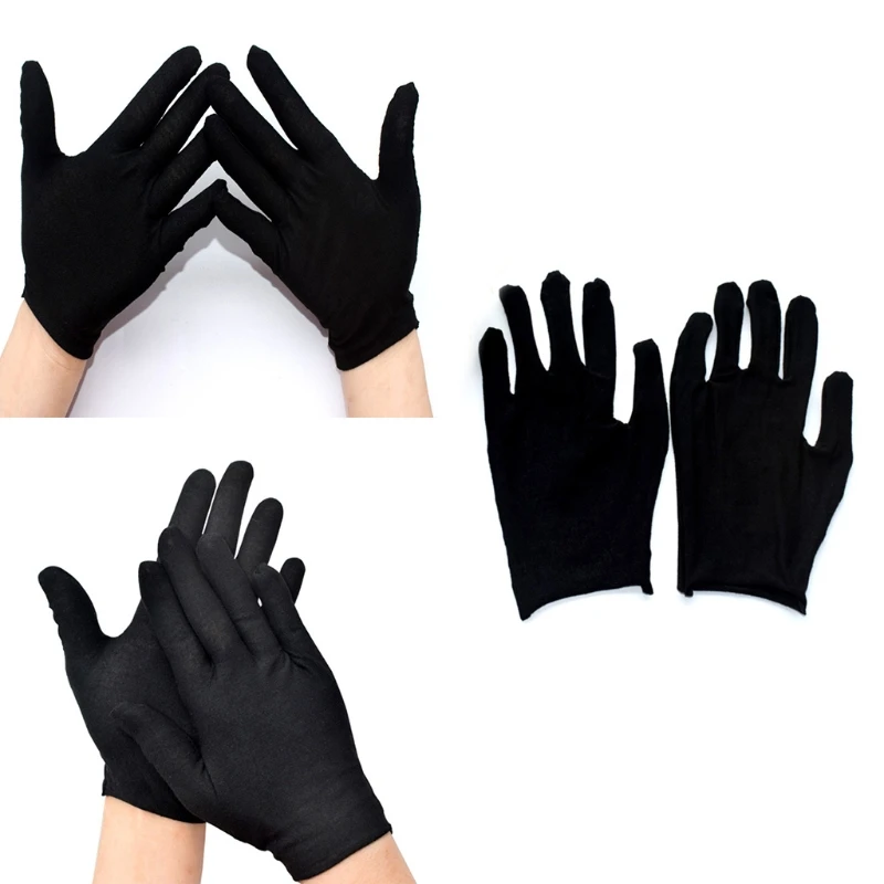 12 paia Unisex morbido cotone nero dito pieno guanti da lavoro abito formale parata gioielli ispezione elastico protettivo