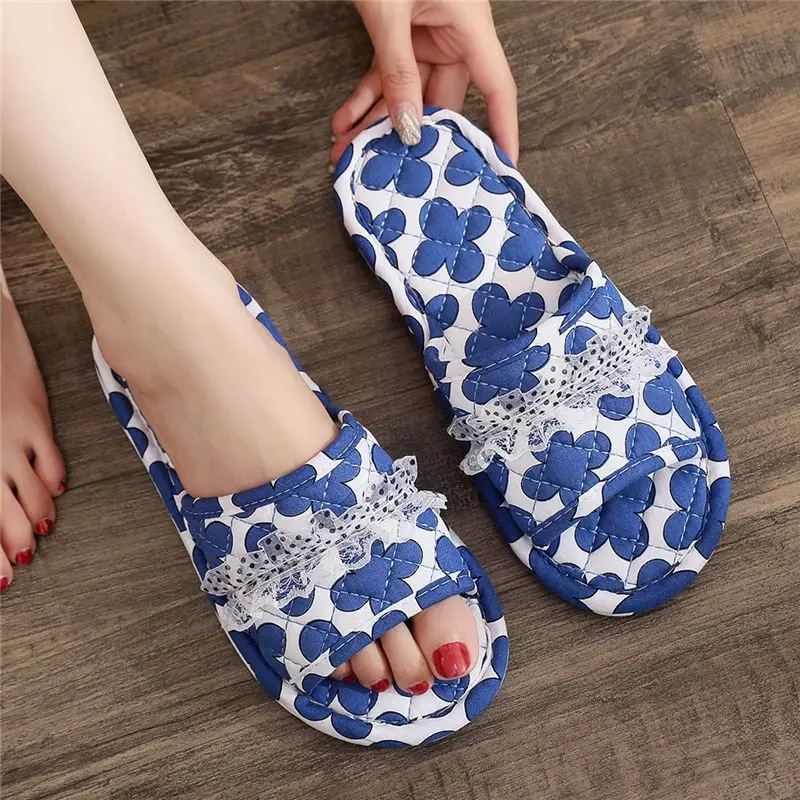 Korean Edition Fragmented Flower Cloth Bottom Slippers, Home Cotton Cloth, Quiet and Comfortable Soft Bottom Floor Slippers