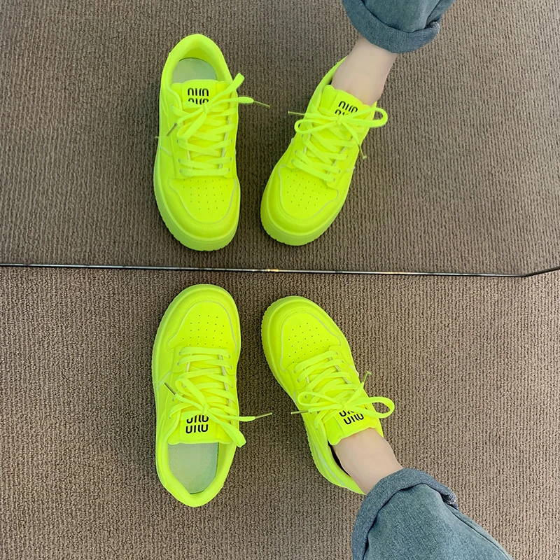 Lace-up Spring Autumn Women's Shoes Wear-resistant Flat Low Fluorescent Green Breathable Comfortable Women Fashion Vulcanize