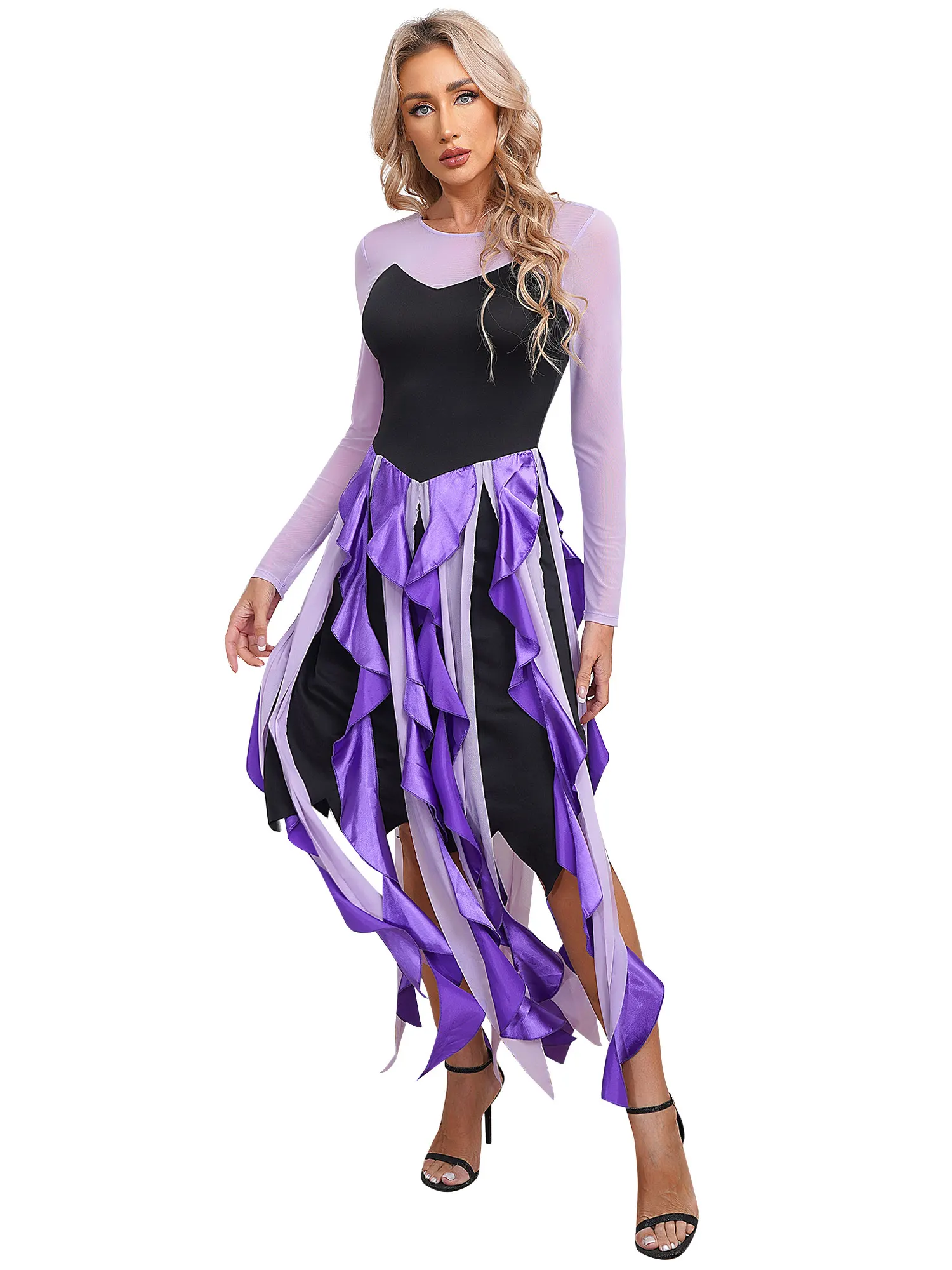 Women Mermaid Sea Witch Cosplay Costume Halloween Theme Party Masquerade Octopus Role Play Clothes Long Sleeve Ruffle Maxi Dress