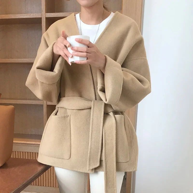 Chic Khaki Woolen Jacket Women Spaghetti Winter V-neck Vintage Thicken Blend Coat Ladies Oversized Pockets Outfits Street