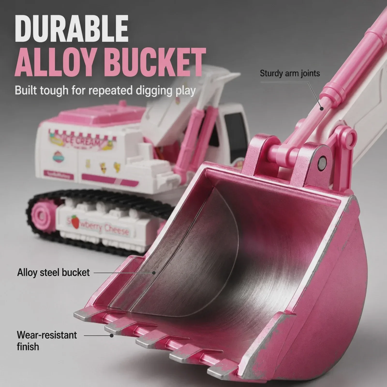 Pink Ice Cream RC Excavator for Girls 2.4G Rechargeable DIY Stickers 360° Rotating Sandbox Toy Gift Age 3+