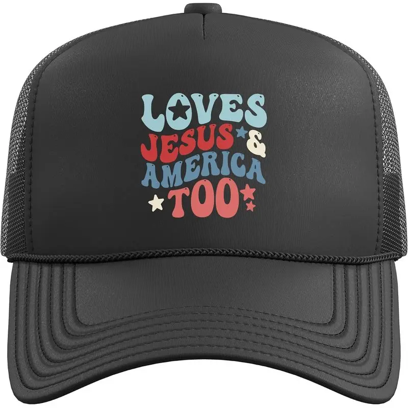 Loves Jesus and America Too 4th of July Groovy God Christian Trucker Hat with Adjustable Mesh Back