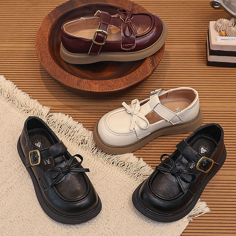 Mumoresip Kids Princess Shoes T-strap Trendy Girls Flat Shoes Simple Bows 2026 New Fashion Children Casual Shoes Soild Color