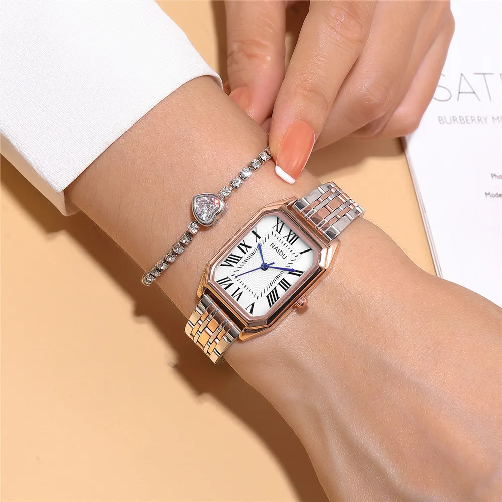 2pcs/set luxury rectangle dial quartz women steel wrist watch