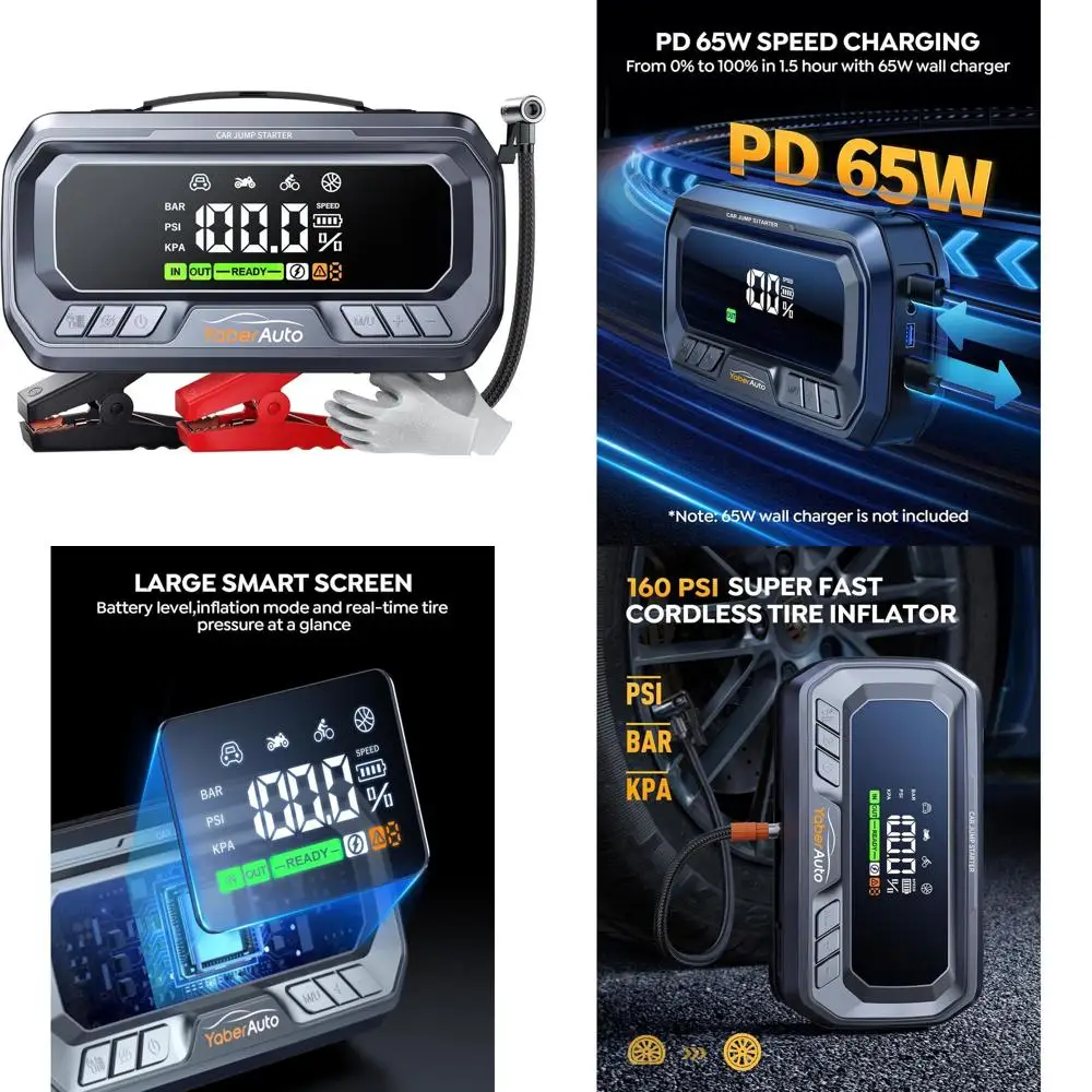 

Стартер 12-в-1 с воздушным компрессором, зарядка 8000A, 160PSI, 65 Вт, портативный стартер для автомобильного аккумулятора (все газы/12 л, дизельный стартер)