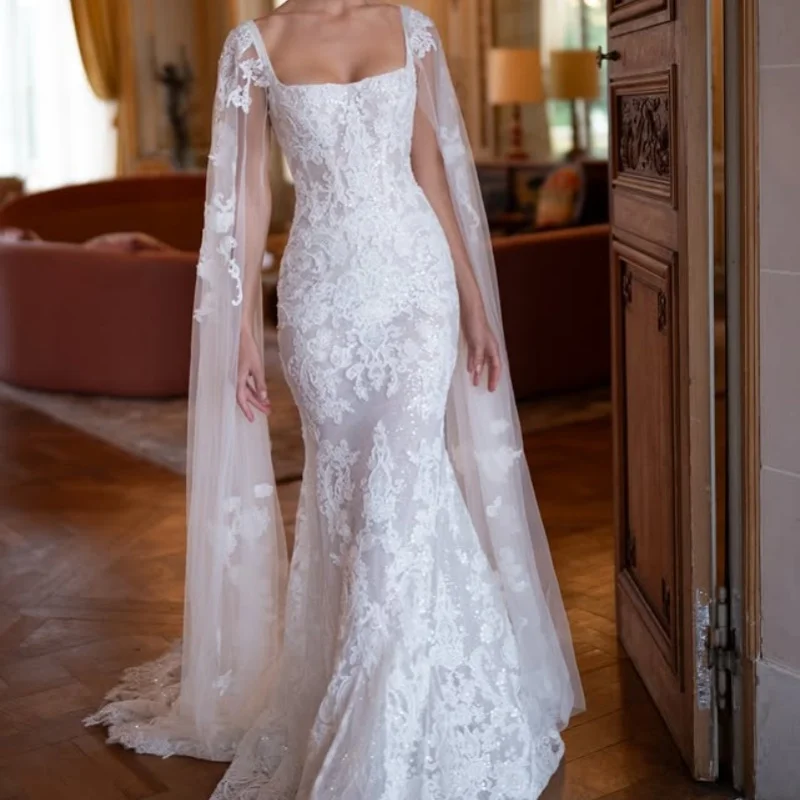 فساتين زفاف بيضاء لامعة خارج الكتف مشد صائق فساتين الزفاف ذيل السمكة الديكور متعدد الطبقات صنع تخصيص #2