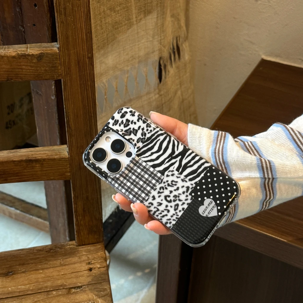 Avanzado negro blanco cebra leopardo estampado onda punto empalme amor corazón cordón funda de teléfono para iPhone 17 16 15 14 Pro Max