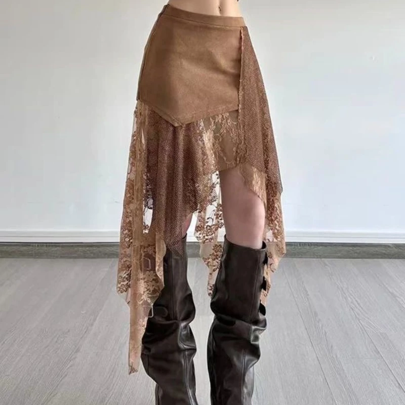 Suede & Floral Lace Patchwork Asymmetrical Skirt Women High Waist Irregular Raw Hem Vintage Western Casual Long Midi Skirt