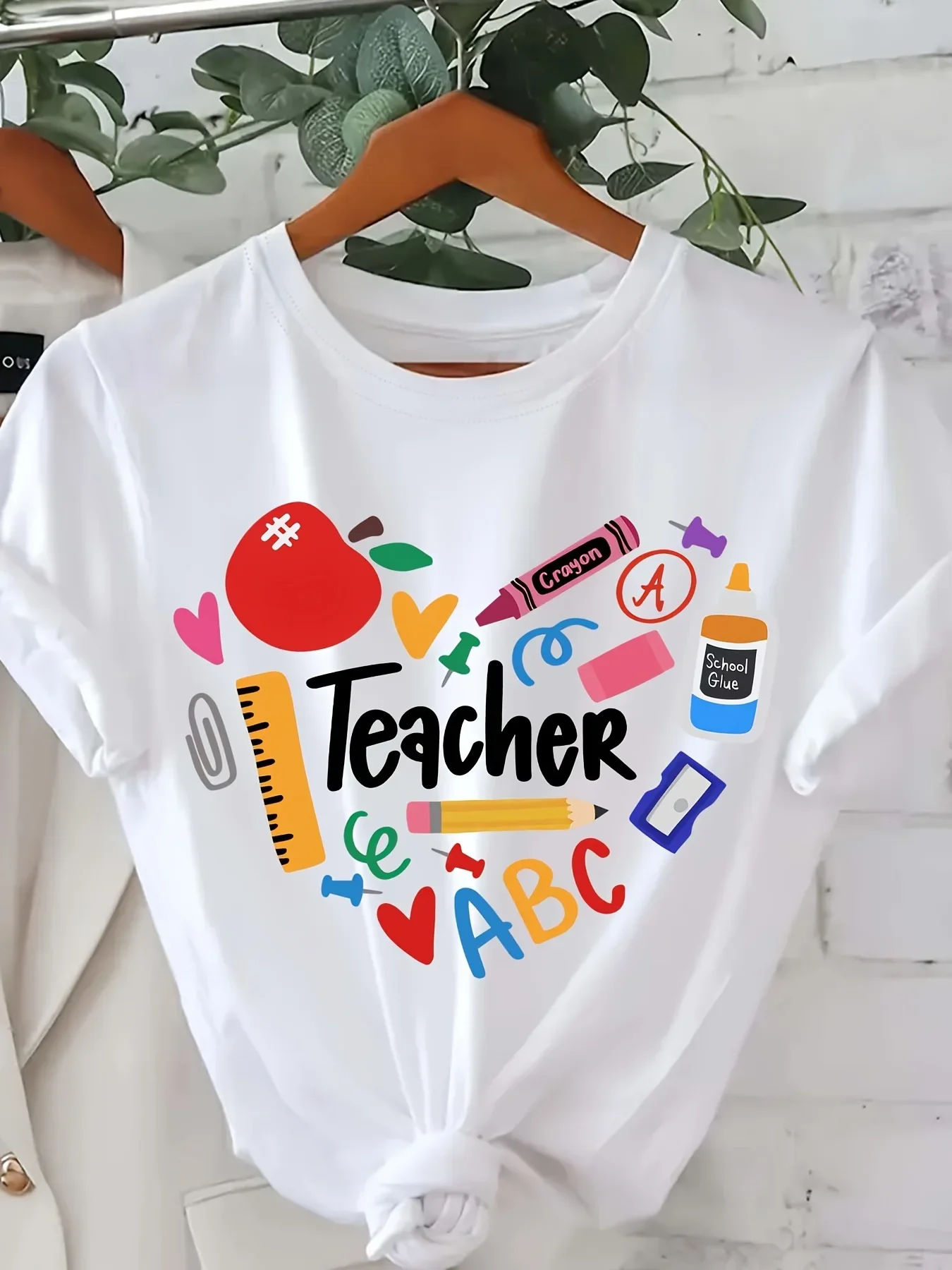 Grote maten levendige leraarprint T-shirt met korte mouwen en ronde hals - Comfortabel, ademend, casual top voor zomer en lente - Dames