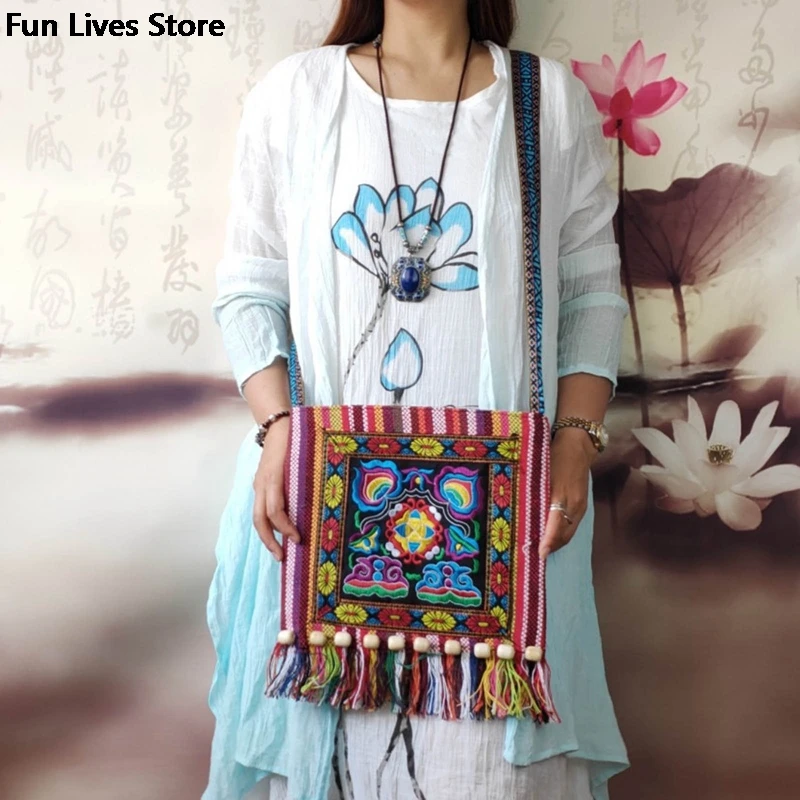 Thailand Fashion Shoulder Bags Summer Beach Handbag for Women Vintage Tribal Crossbody Bag Embroidery Ethnic Purse Long Tassel