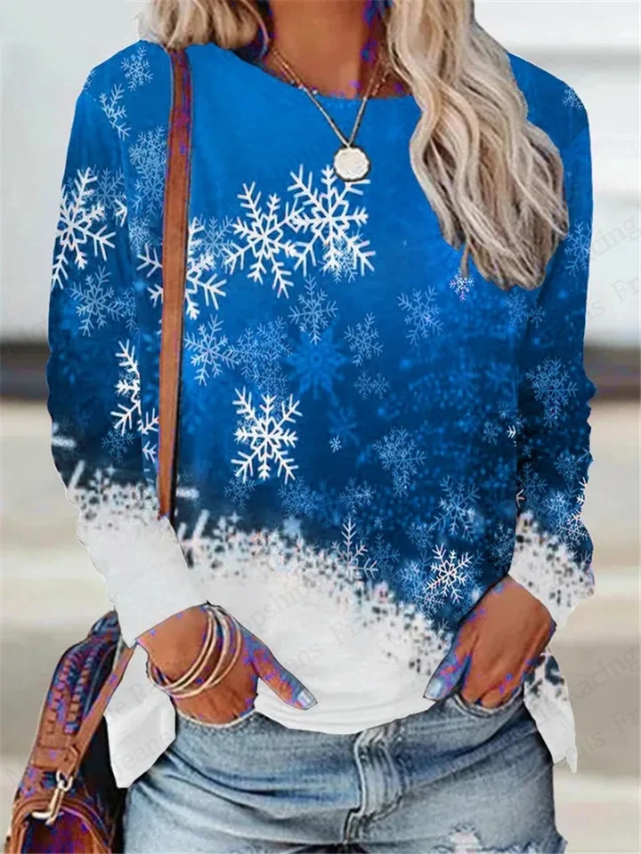 المرأة ندفة الثلج عادية كم طويل تي شيرت شجرة عيد الميلاد ثلاثية الأبعاد قميص مطبوع المرأة موضة عادية المتضخم تي شيرت النساء الملابس