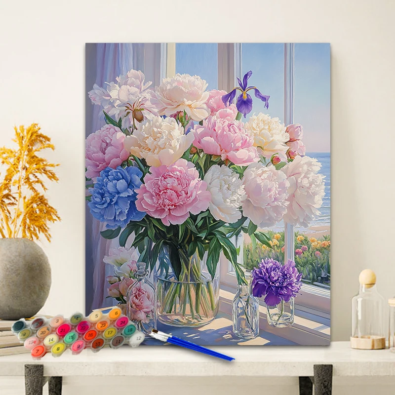 Malen nach Zahlen, elegante Pfingstrose, Jubiläumsgeschenk auf digitaler Malerei, Leinwand, Acrylfarbe, Bild, digitale Färbung