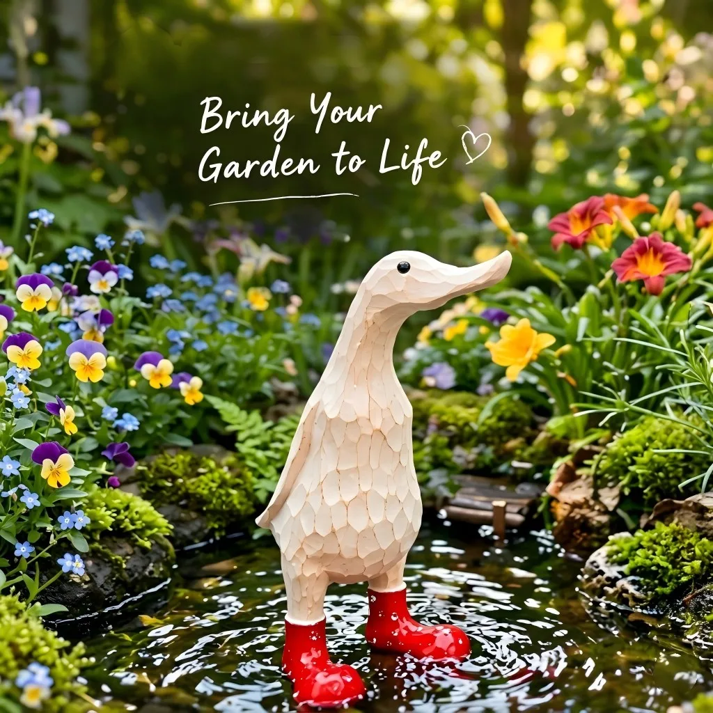 Resin Duck Figurine with Red Boots Waterproof Garden Statue Wood Carve Style Animal Sculpture Outdoor Pond Yard Decor Art