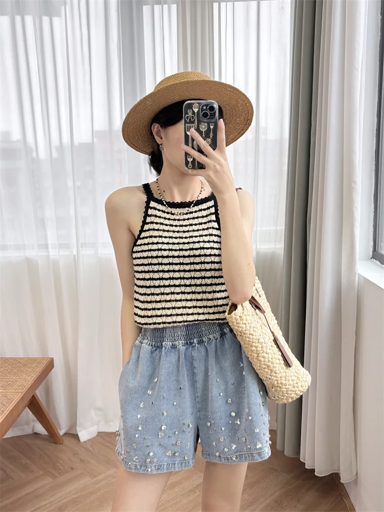 

New 2024 Summer Women Spicy Girl Striped Knitted Top Vest Square Collar High Street Chic Stunning Fashion Design Trendy Stylish