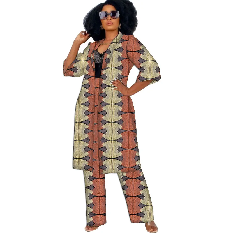 Women African Clothing Cardigan Coat Set Extended Windbreak Half Sleeve Tops With Straight Pants Ankara Outfits