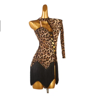 Latin Tassel Dress Leopard Modern Dance Gowns Ballroom Practice Wear Competiton Costume Performance Clothes Stage Outfits