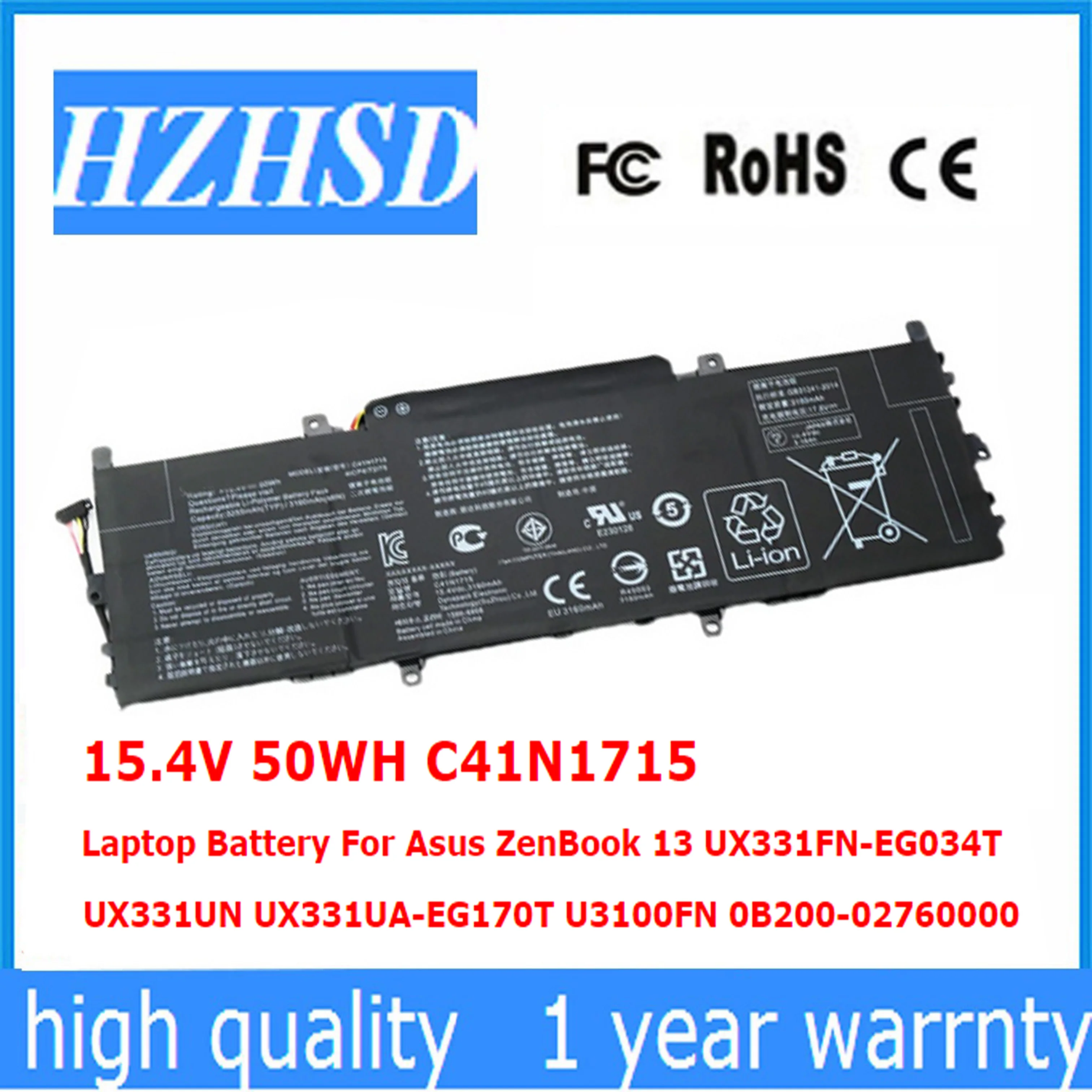 

C41N1715 Original 15.4V 50WH Laptop Battery For Asus ZenBook 13 UX331FN-EG034T UX331UN UX331UA-EG170T U3100FN 0B200-02760000