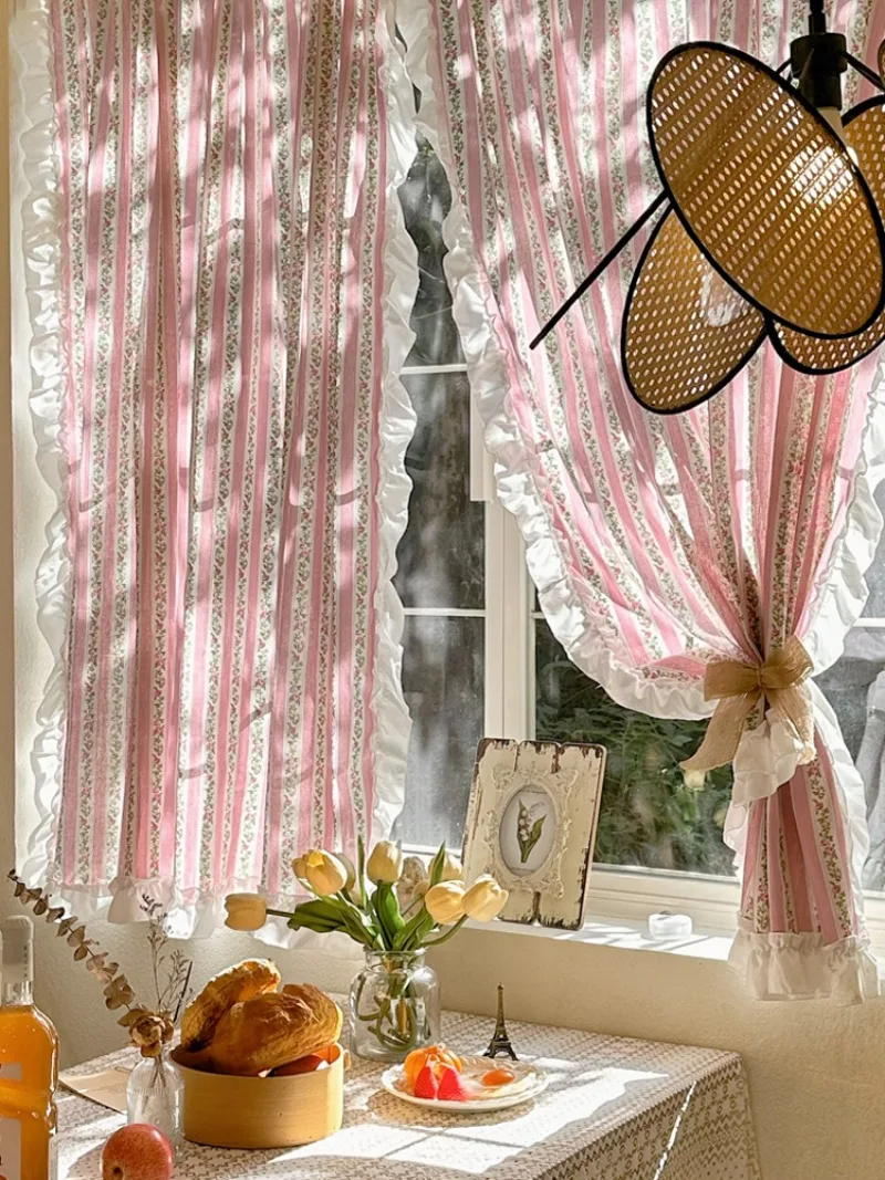 Pink Sweet Style Cotton Linen Floral Semi Blackout Curtain for Living Room Bedroom French Ruffle Dormitory Partition Half Drapes