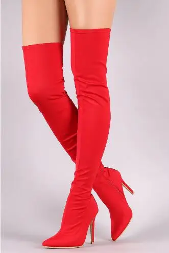 

Sexy Women Red Green Lycra Slim Thin Heels Over The Knee Boots Ladies Pointed Toe Hidden Zipper Stretch Thigh Long Boots Shoes