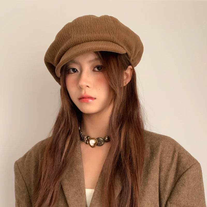 Ins Retro Brown Corduroy Berets Caps for Women Spring and Autumn Travel Casual Versatile Literary Show Face Small Octagonal Hat