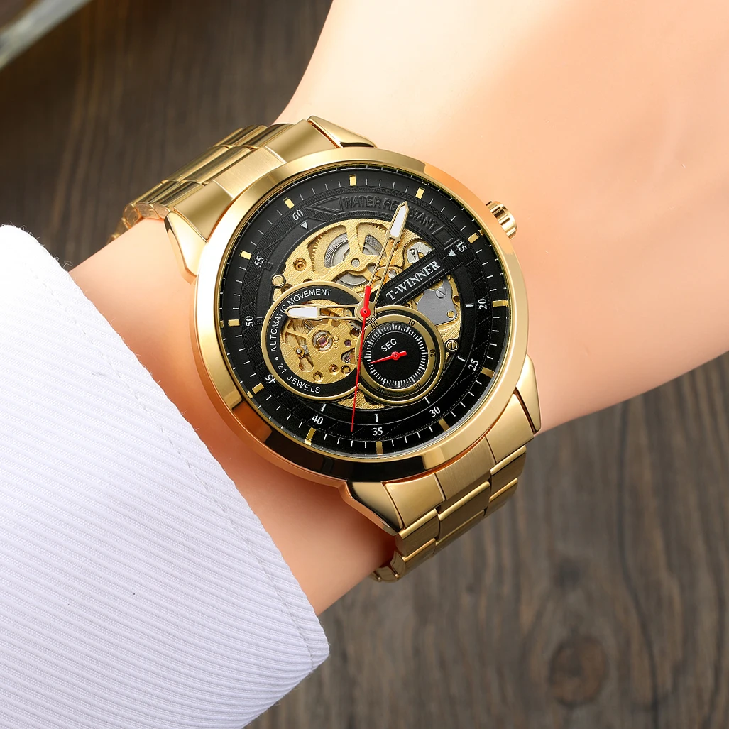 High-End Luxury Man Watch WINNER Official Top Brand Luxury Transparent Skeleton Mechanical Automatic Watches for men Gold Clock