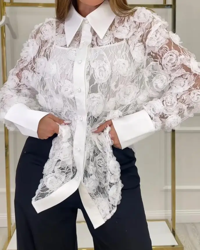 3D Floral Design Turn-Down Collar Long Sleeve Casual Blouse - No Belt Included