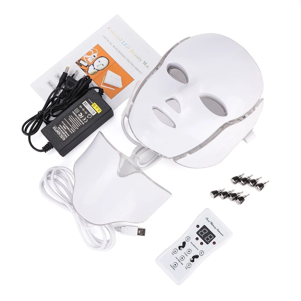 Maschera di bellezza per viso e collo con luce LED a 7 colori, fototerapia a luce rossa, trattamento per la cura della pelle del viso, anti-età, ringiovanimento, strumento per illuminare la pelle.