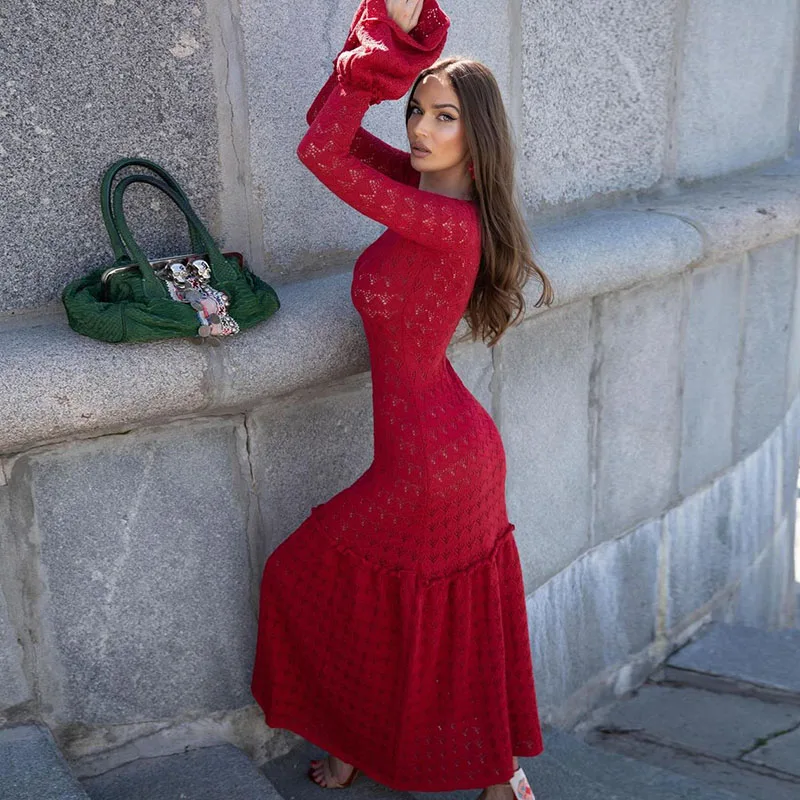Elegante O-hals Ruche Herfst Jurken Rode Jacquard Gehaakte Slanke Lange Gewaad Jurk Uitlopende Mouwen Hoge Taille Wrap Hip Damesjurk