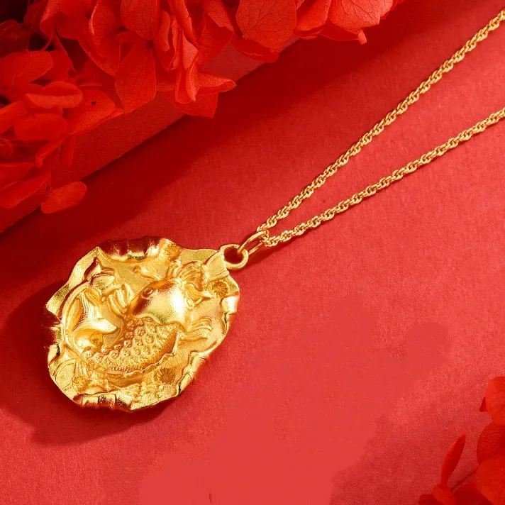 

9999 24K real gold new Chinese style diamond-inlaid koi pendant necklace like a fish in water and fish leaping lotus jewelry