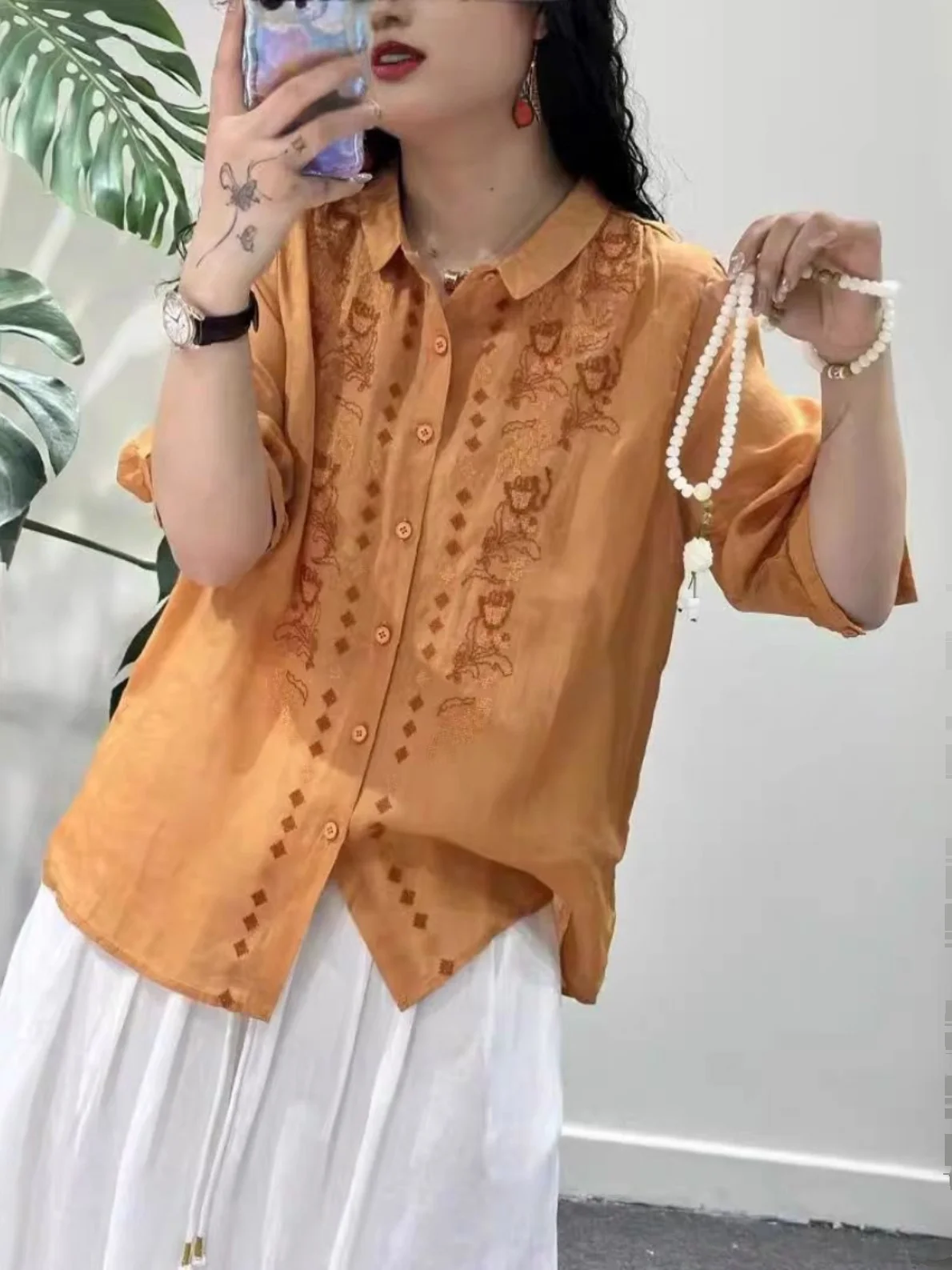 Camisa de Linho Bordada Retro, Ajuste Solto, Colarinho, Moda Feminina, Novo Top de Verão de Alta Qualidade em Algodão