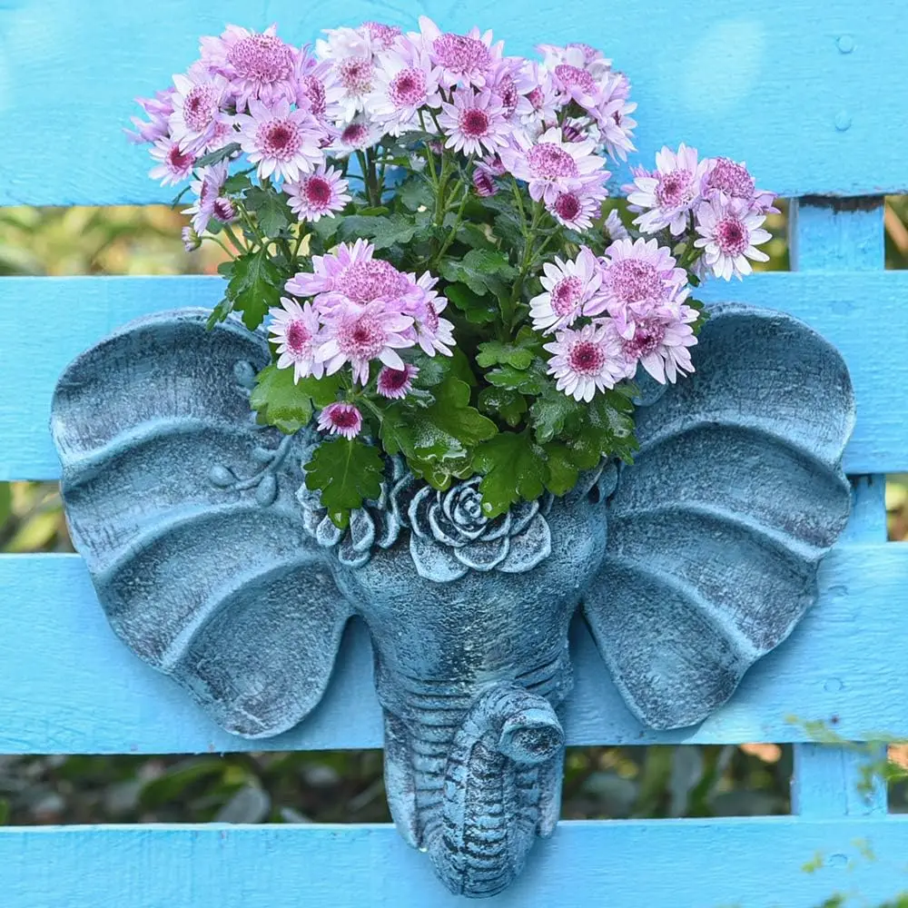 وعاء حائط على شكل رأس الفيل من الراتنج، زارع وجه حيواني فريد من نوعه على الطراز البوهيمي، وعاء نبات معلق عموديًا، ديكور جميل F