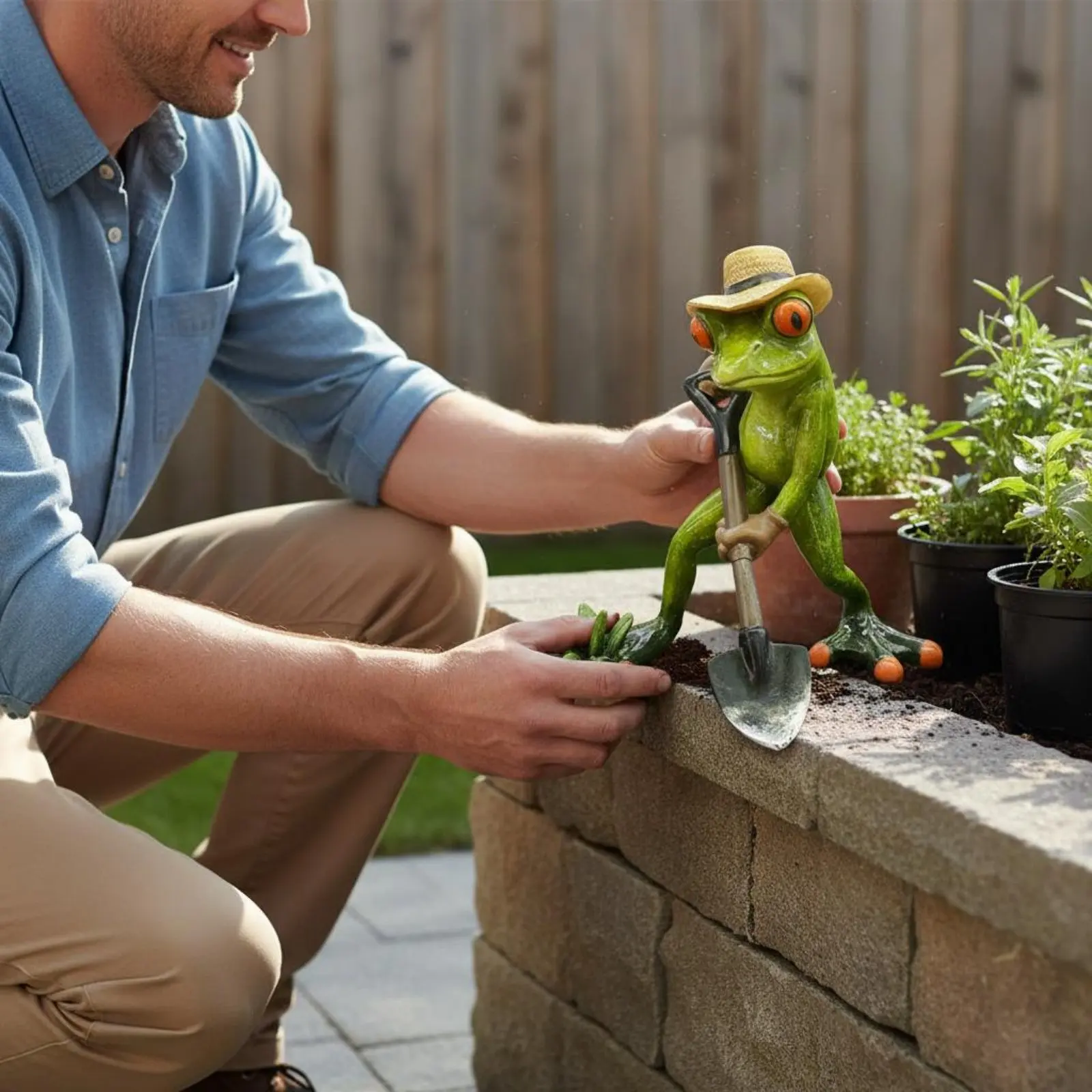 Frog Statue with Shovel Nordic Design Frog on Shovel Sculpture Yard Art Handmade Craft Outdoor Decor Hand-Painted for Gardeners