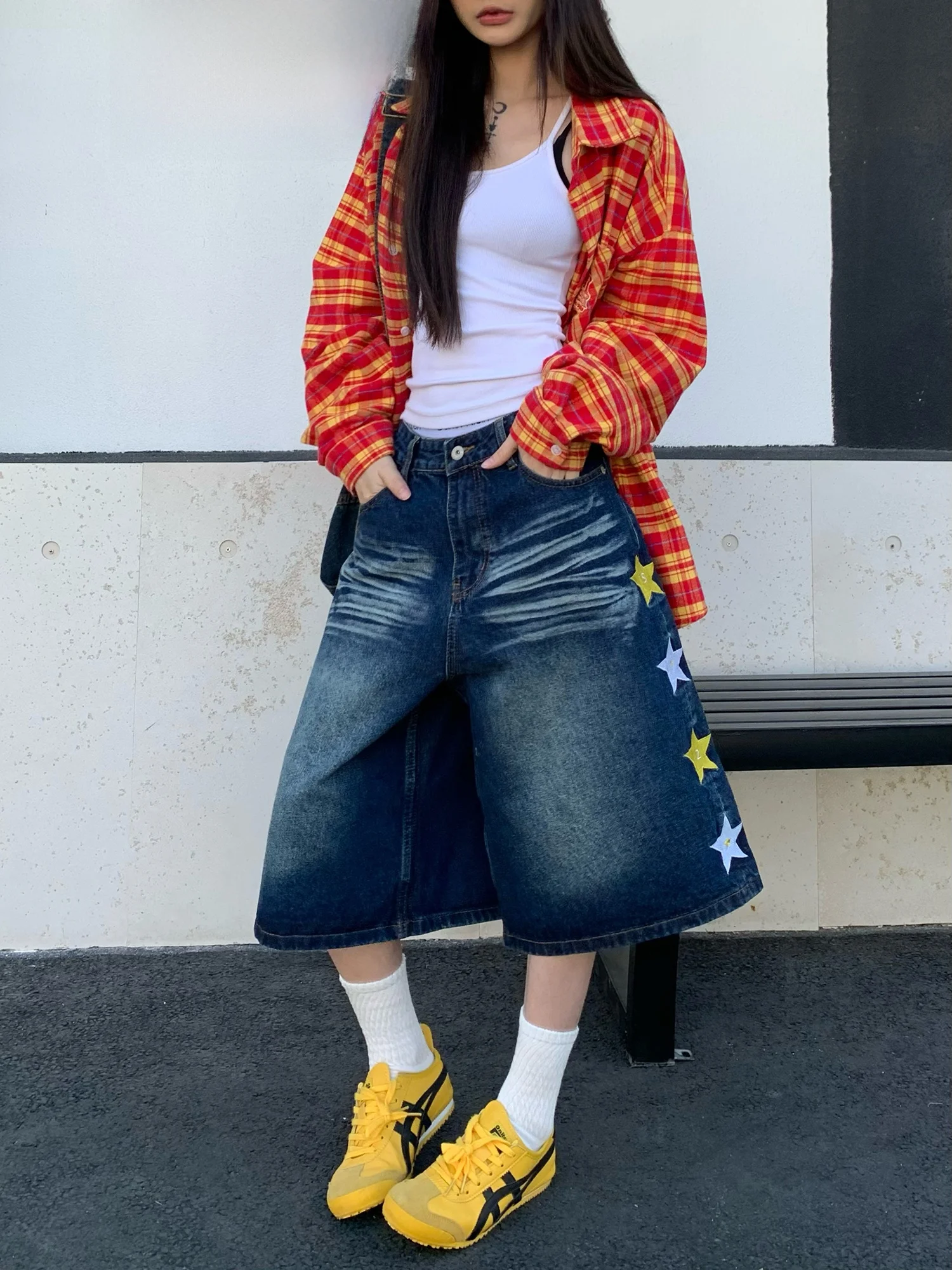 

Wild AZI Women's Waed 7/8 Length Denim Jeans Star Embroidery Street Sle Loose Fit Casual Pants mid Waist Straight Leg